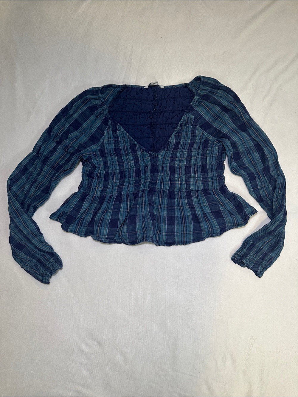 American Eagle Blue Plaid Smocked Peplum Top Size M